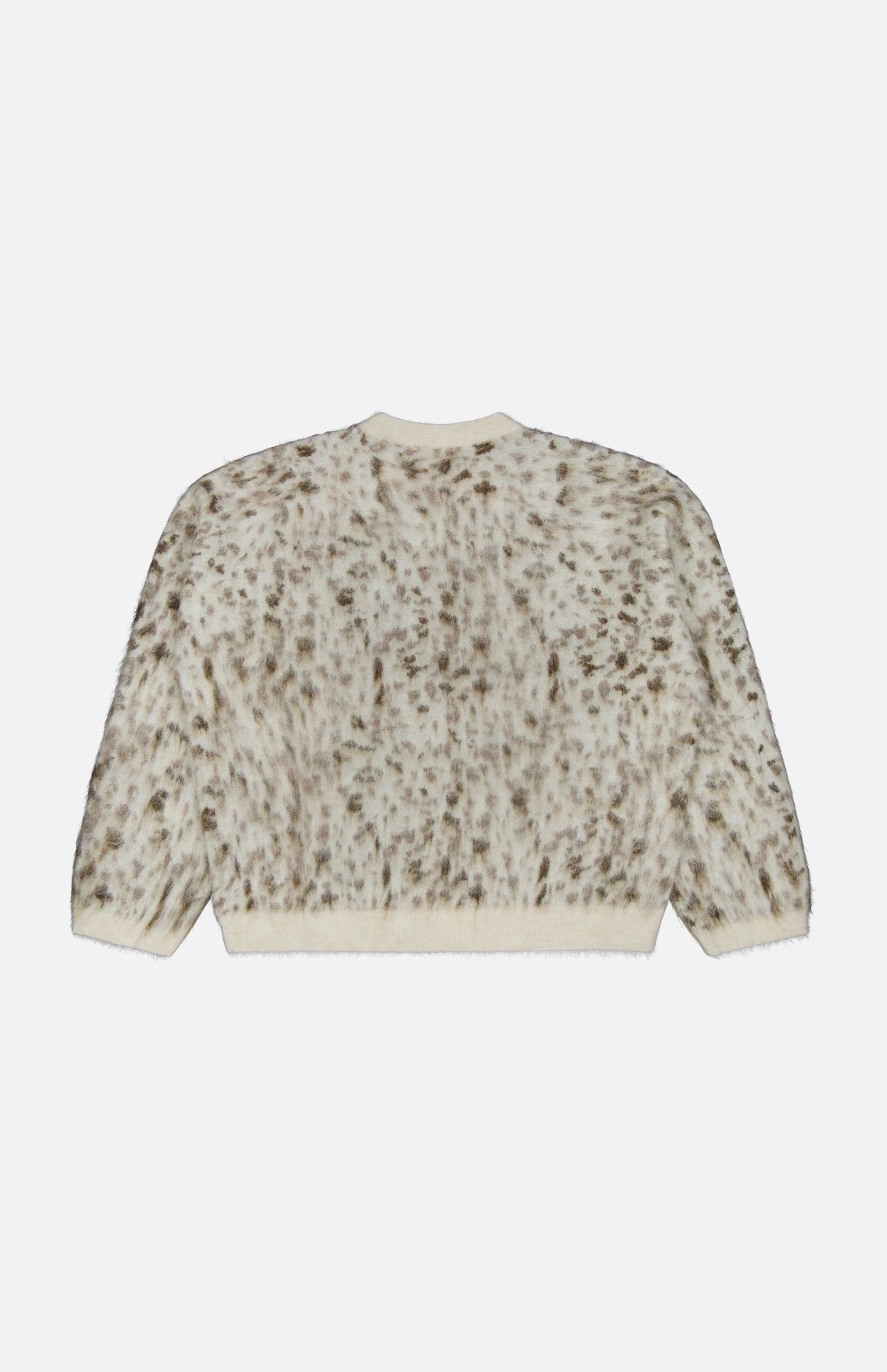Brunello Cucinelli Jacquard Mohair Knitted Long Sleeve Sweater in a fuzzy, cream-colored lynx jacquard knit with a brown speckled pattern.