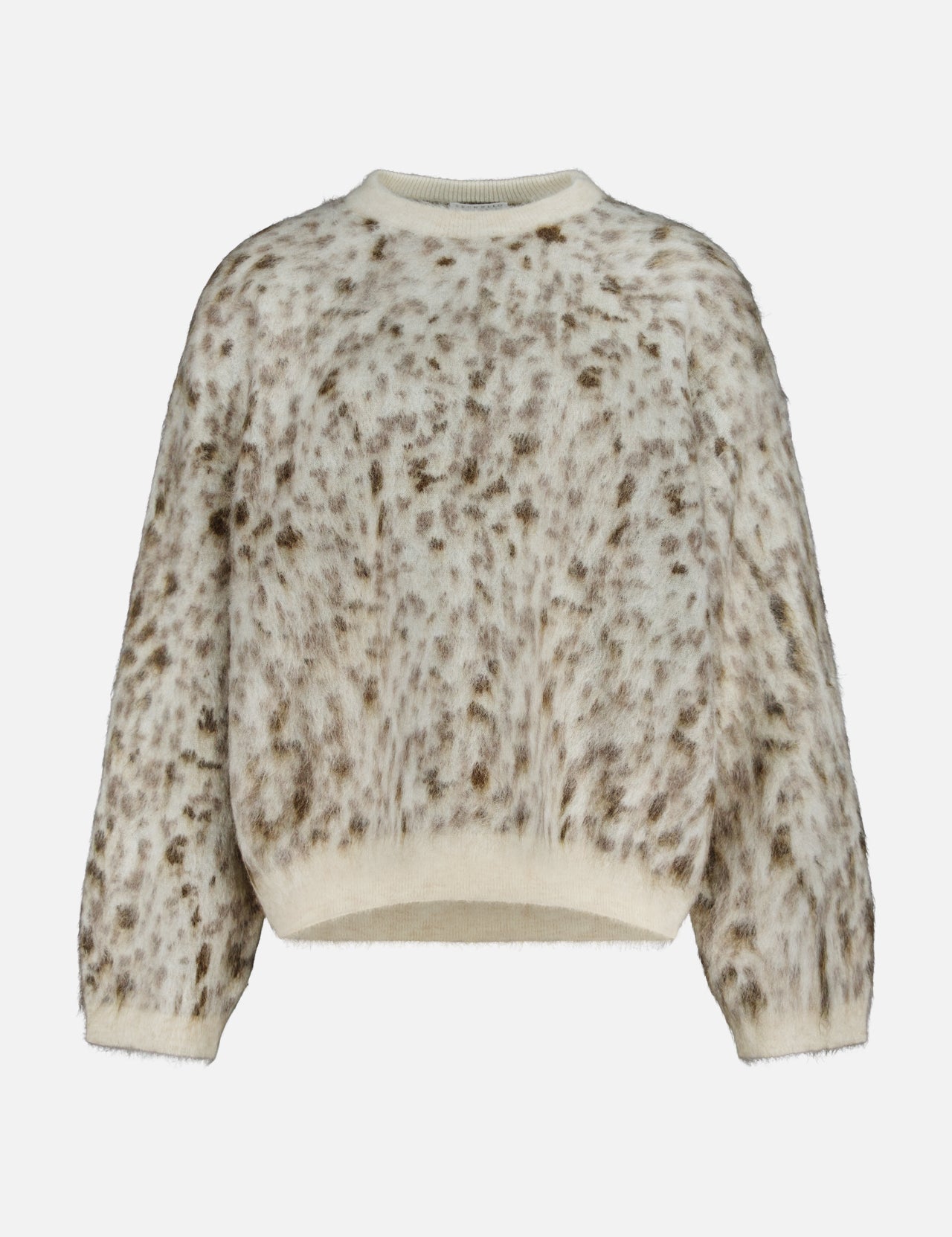 Jacquard Mohair Knitted Long Sleeve Sweater by Brunello Cucinelli in a fuzzy cream knit with a brown lynx jacquard animal print.