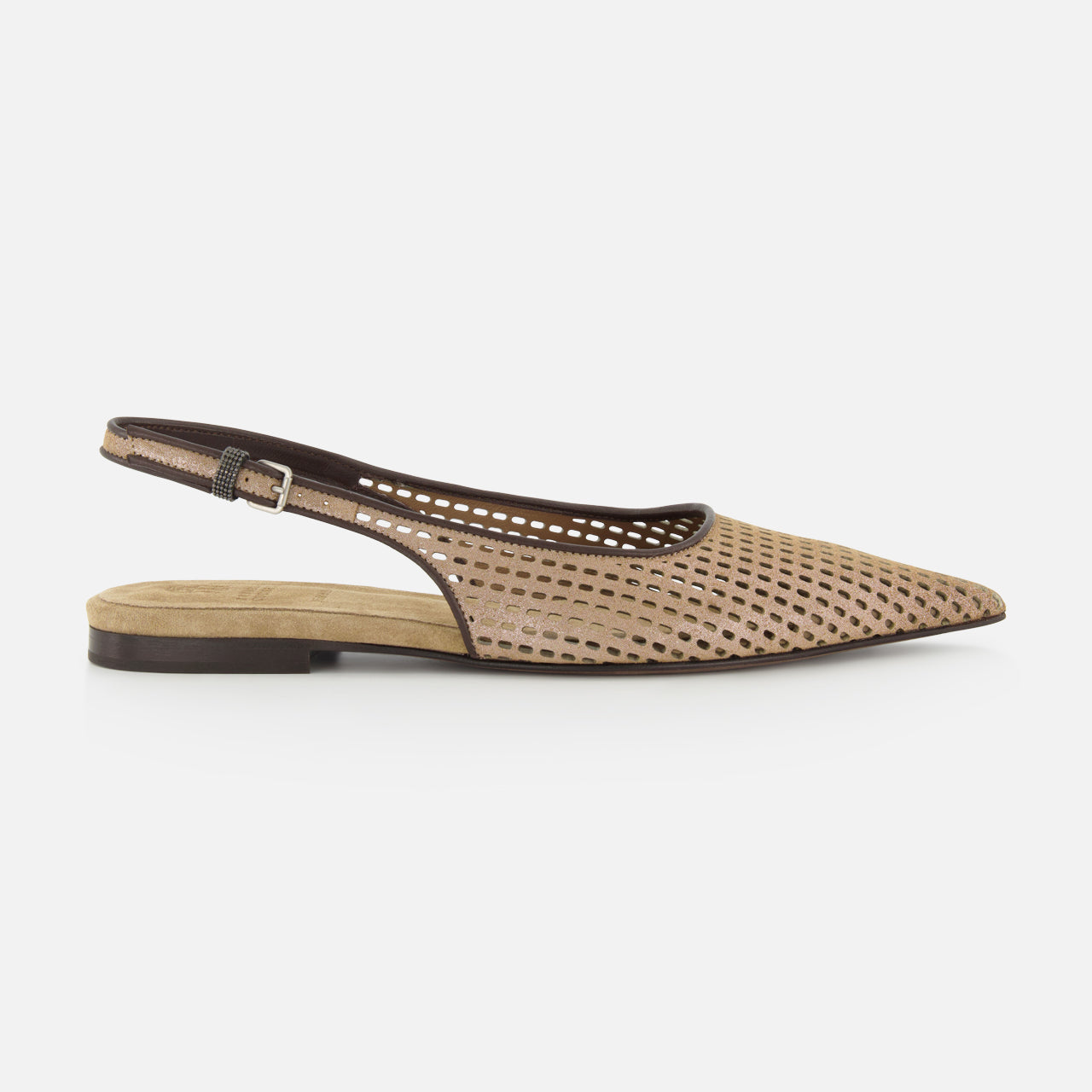 The Laminated Suede Slingback Flats by BRUNELLO CUCINELLI feature a pointed toe, geometric cutouts, and an ankle strap with buckle—an elegant choice for any designer shoe collection.