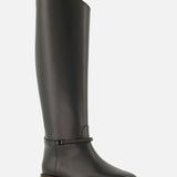 A single Leather Monili Band Tall Riding Boot by BRUNELLO CUCINELLI, featuring a low heel, rounded toe, and a subtle ankle strap—classic equestrian styling—is displayed against a plain white background.