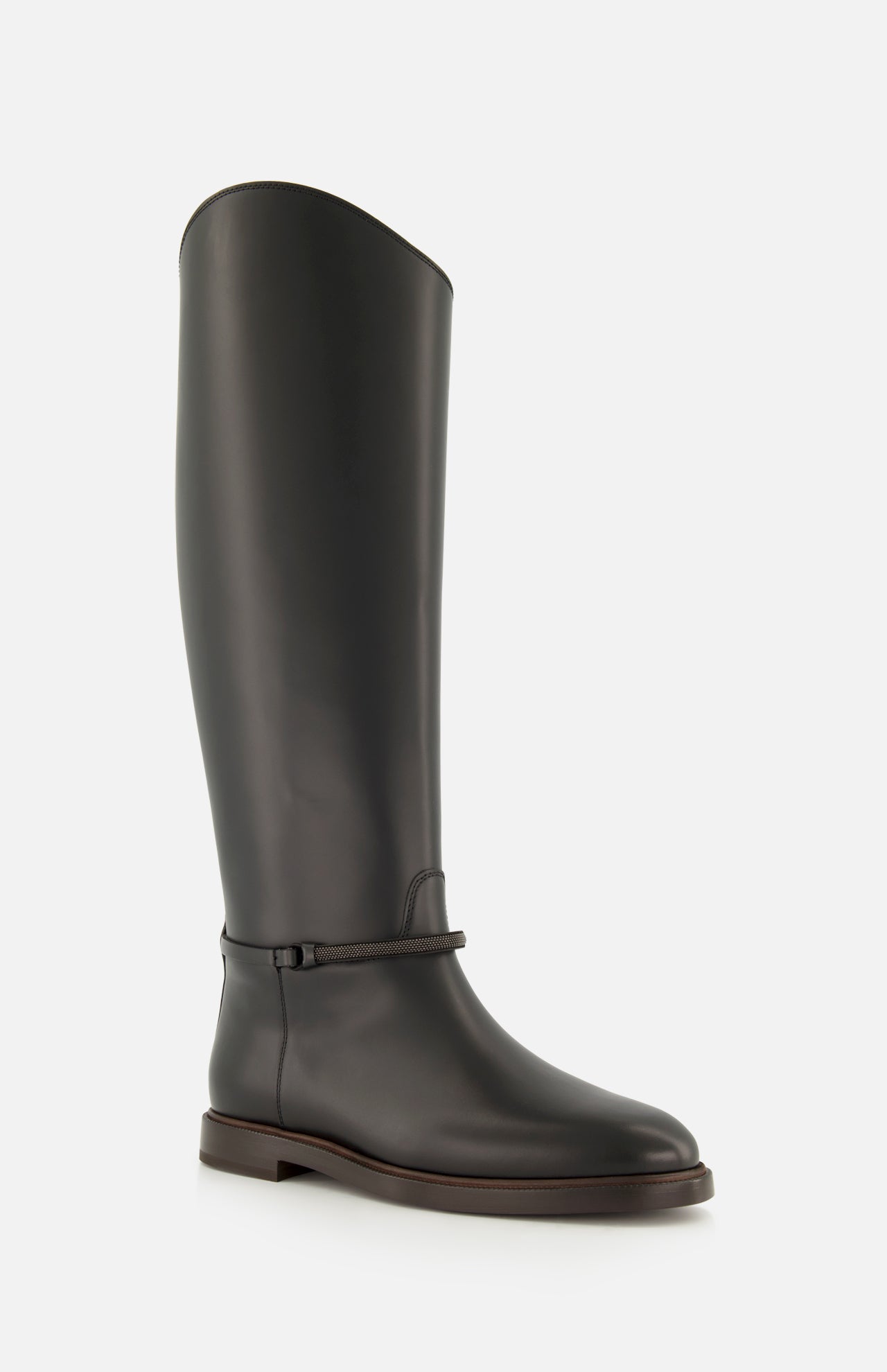 A single Leather Monili Band Tall Riding Boot by BRUNELLO CUCINELLI, featuring a low heel, rounded toe, and a subtle ankle strap—classic equestrian styling—is displayed against a plain white background.