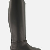 The BRUNELLO CUCINELLI Leather Monili Band Tall Riding Boot is a single black leather knee-high boot featuring a low heel, rounded toe, and a decorative Monili strap near the ankle. Displayed against a plain white background, it showcases the timeless elegance of classic equestrian-inspired footwear.
