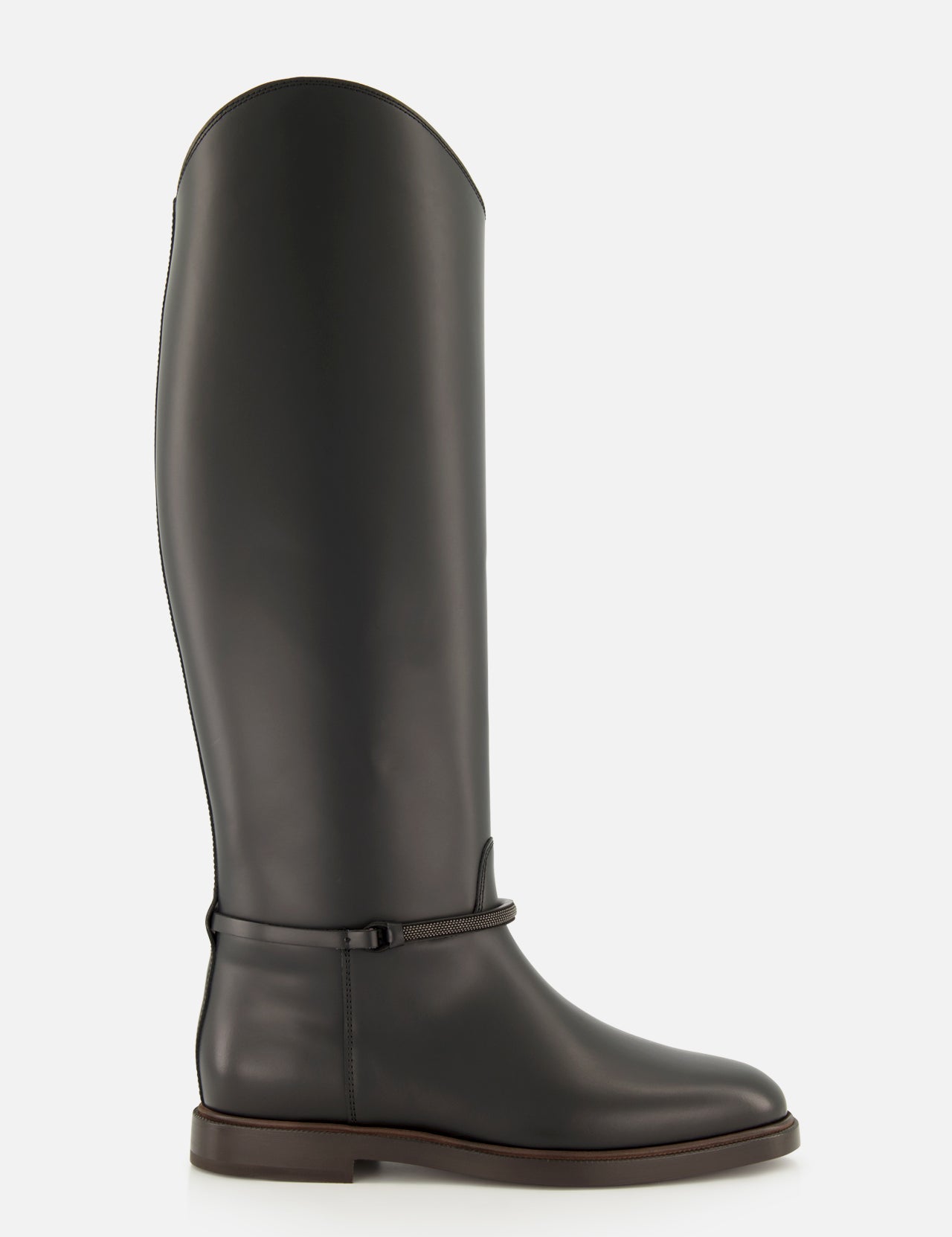 The BRUNELLO CUCINELLI Leather Monili Band Tall Riding Boot is a single black leather knee-high boot featuring a low heel, rounded toe, and a decorative Monili strap near the ankle. Displayed against a plain white background, it showcases the timeless elegance of classic equestrian-inspired footwear.