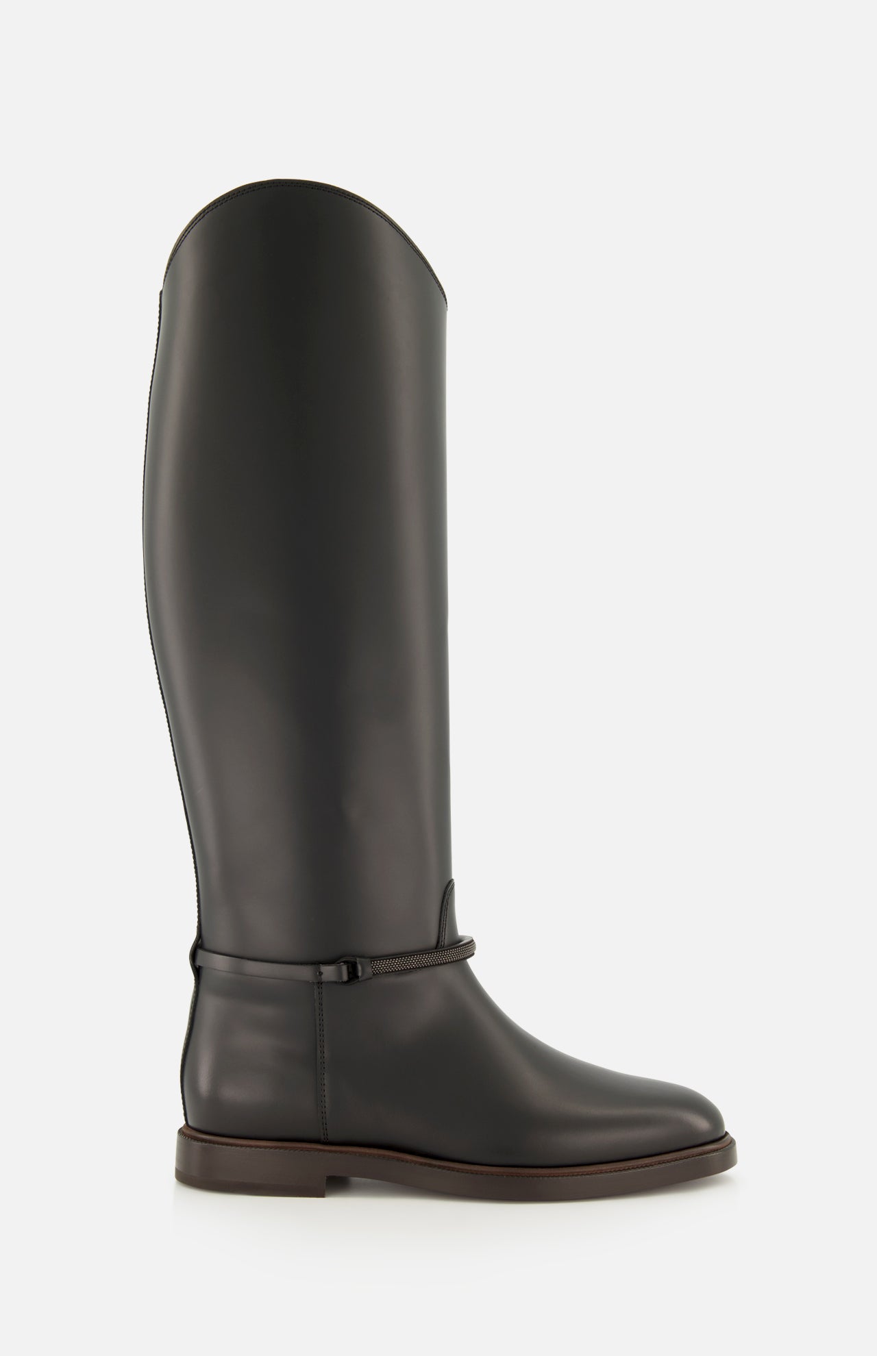 The BRUNELLO CUCINELLI Leather Monili Band Tall Riding Boot is a single black leather knee-high boot featuring a low heel, rounded toe, and a decorative Monili strap near the ankle. Displayed against a plain white background, it showcases the timeless elegance of classic equestrian-inspired footwear.