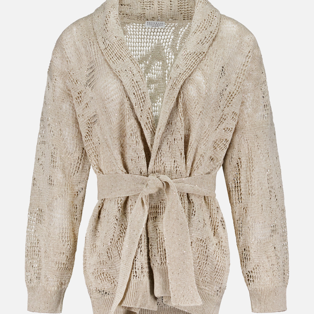 The BRUNELLO CUCINELLI Linen Cotton Shawl Collar Cardigan features a beige hue, long sleeves, a matching waist belt, a semi-sheer texture, and a subtle floral lace-effect design. Shown on a white background.