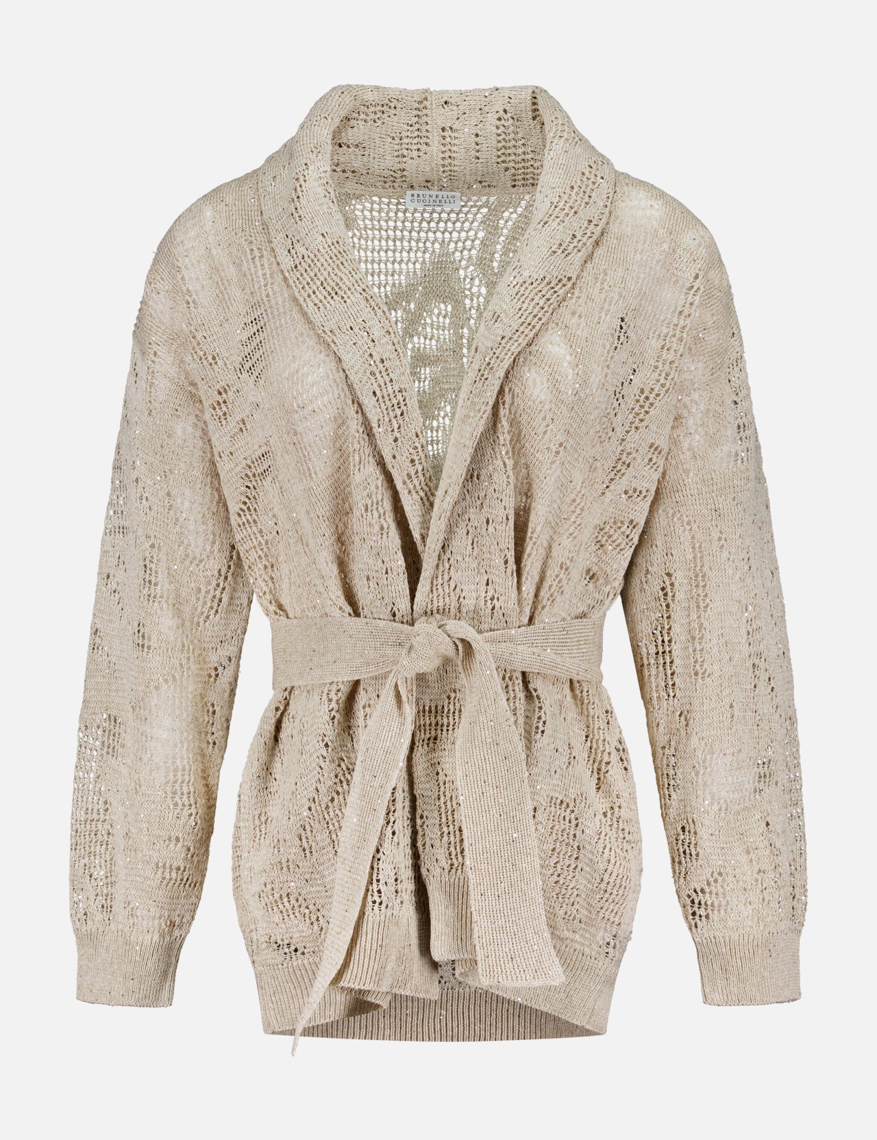 The BRUNELLO CUCINELLI Linen Cotton Shawl Collar Cardigan features a beige hue, long sleeves, a matching waist belt, a semi-sheer texture, and a subtle floral lace-effect design. Shown on a white background.