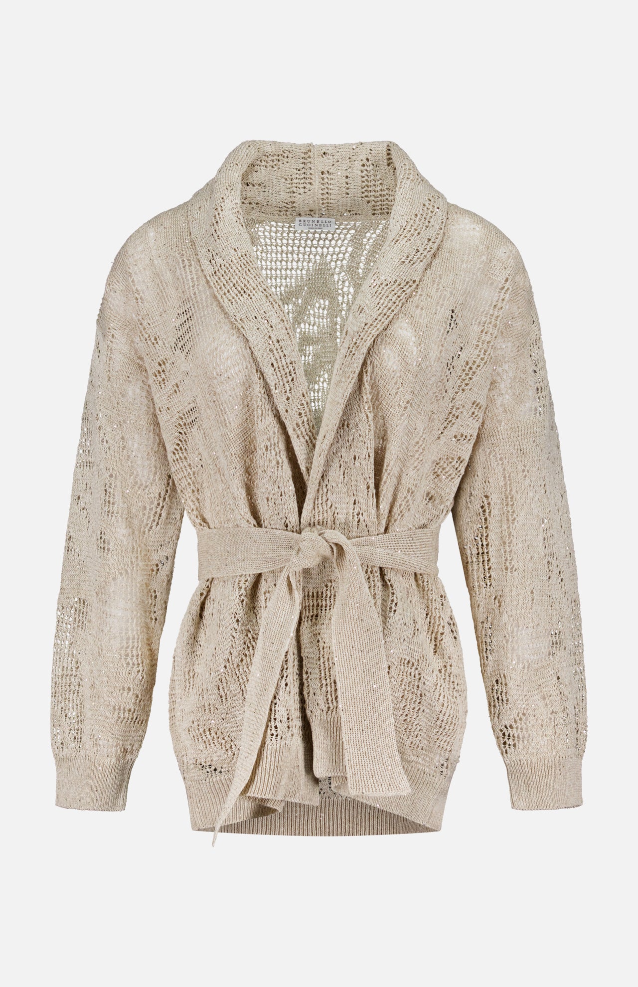 The BRUNELLO CUCINELLI Linen Cotton Shawl Collar Cardigan features a beige hue, long sleeves, a matching waist belt, a semi-sheer texture, and a subtle floral lace-effect design. Shown on a white background.
