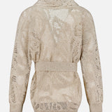 BRUNELLO CUCINELLI's Linen Cotton Shawl Collar Cardigan features long sleeves, a matching belt, and a delicate floral lace-effect design, shown on a plain white background.
