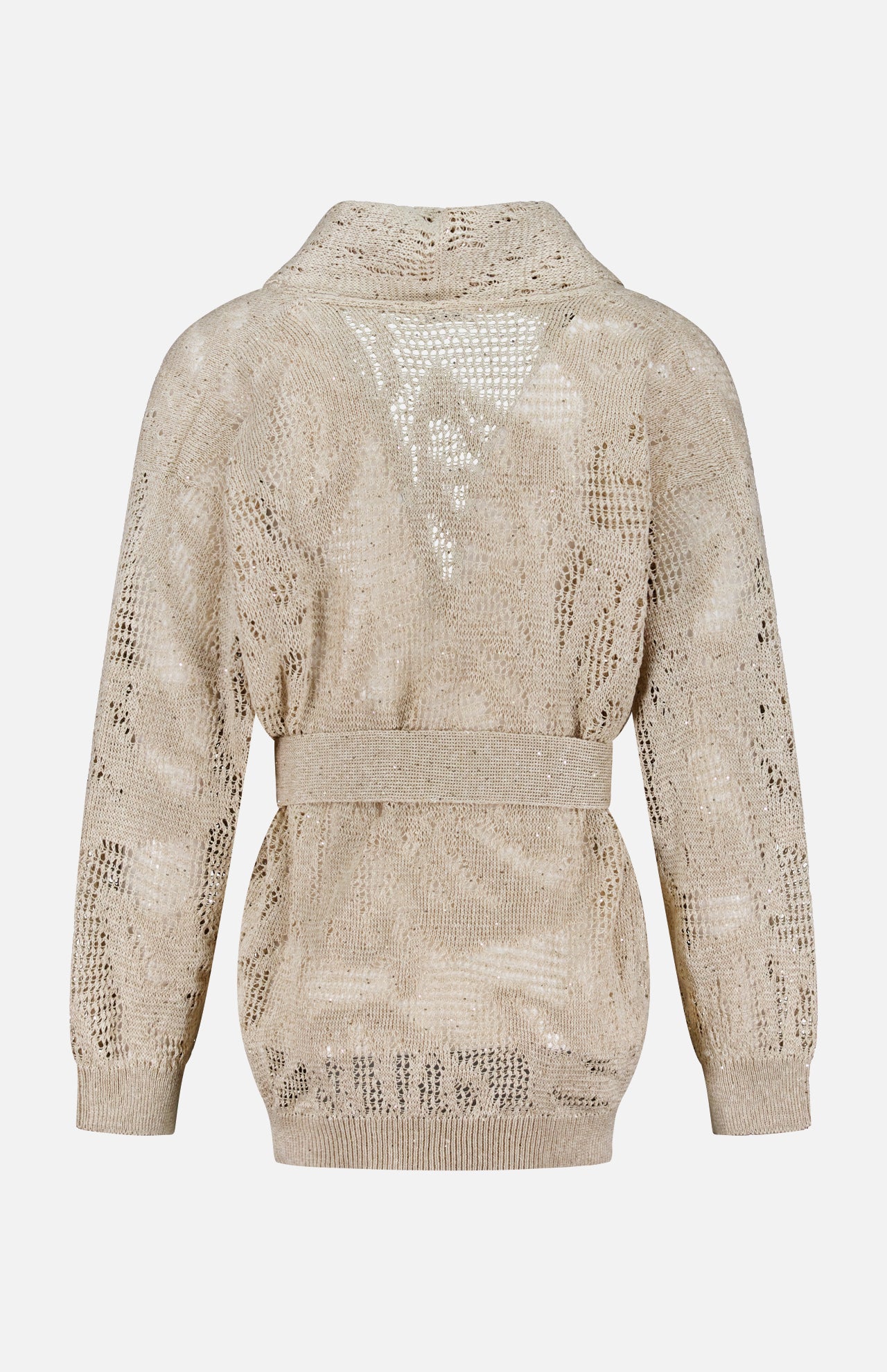 BRUNELLO CUCINELLI's Linen Cotton Shawl Collar Cardigan features long sleeves, a matching belt, and a delicate floral lace-effect design, shown on a plain white background.