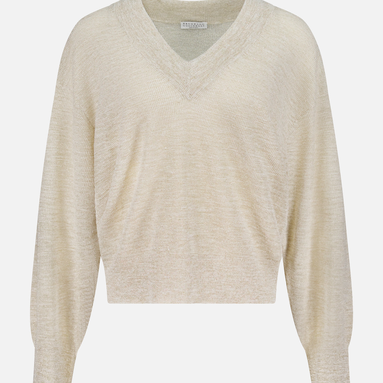 The BRUNELLO CUCINELLI Linen Long Sleeve V-Neck Pullover Sweater features a light beige linen-blend, relaxed fit, long sleeves, and ribbed cuffs, shown on a plain white background.