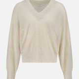 The BRUNELLO CUCINELLI Linen Long Sleeve V-Neck Pullover Sweater features a light beige linen-blend, relaxed fit, long sleeves, and ribbed cuffs, shown on a plain white background.