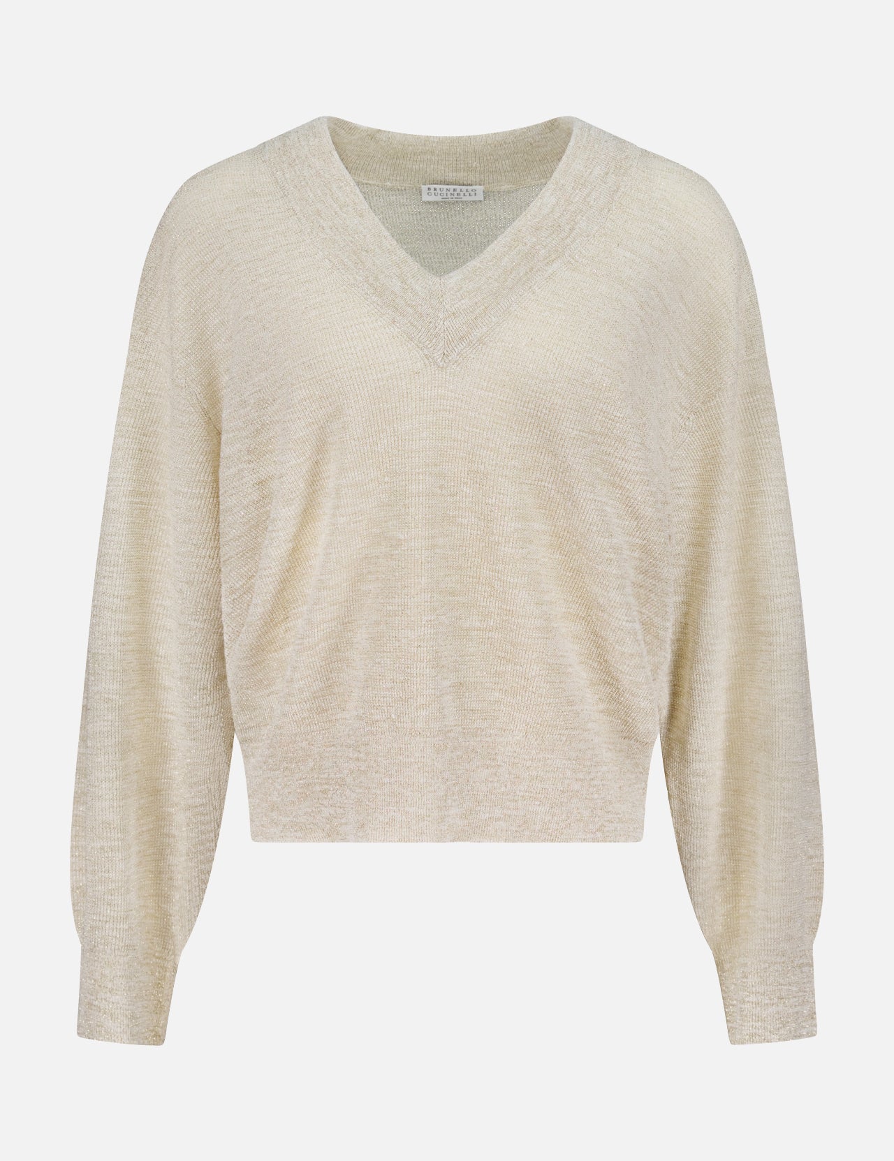 The BRUNELLO CUCINELLI Linen Long Sleeve V-Neck Pullover Sweater features a light beige linen-blend, relaxed fit, long sleeves, and ribbed cuffs, shown on a plain white background.