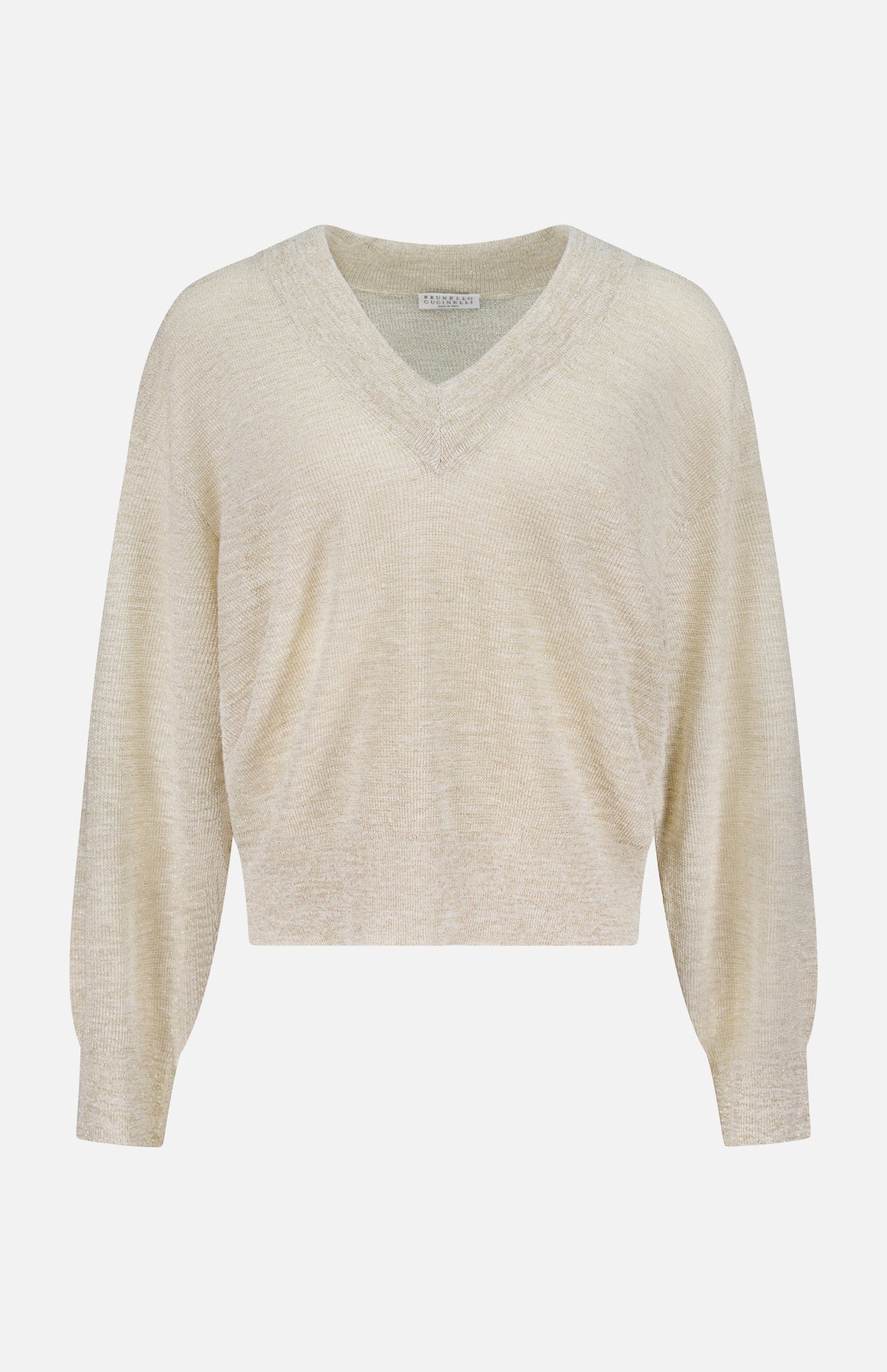 The BRUNELLO CUCINELLI Linen Long Sleeve V-Neck Pullover Sweater features a light beige linen-blend, relaxed fit, long sleeves, and ribbed cuffs, shown on a plain white background.