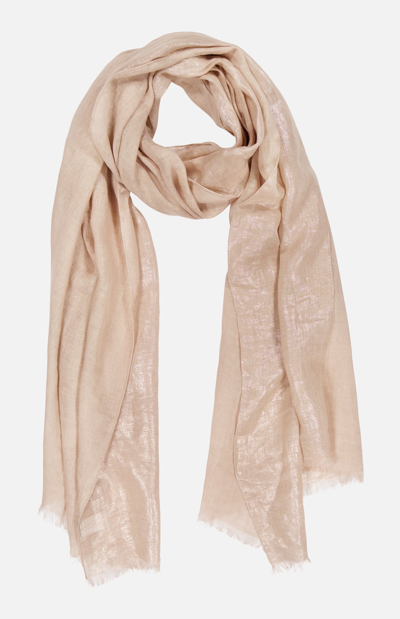 The BRUNELLO CUCINELLI Linen Lurex Scarf features a light beige, semi-sheer linen-blend with a subtle sheen, soft fringed ends, and is elegantly draped against a plain white background.
