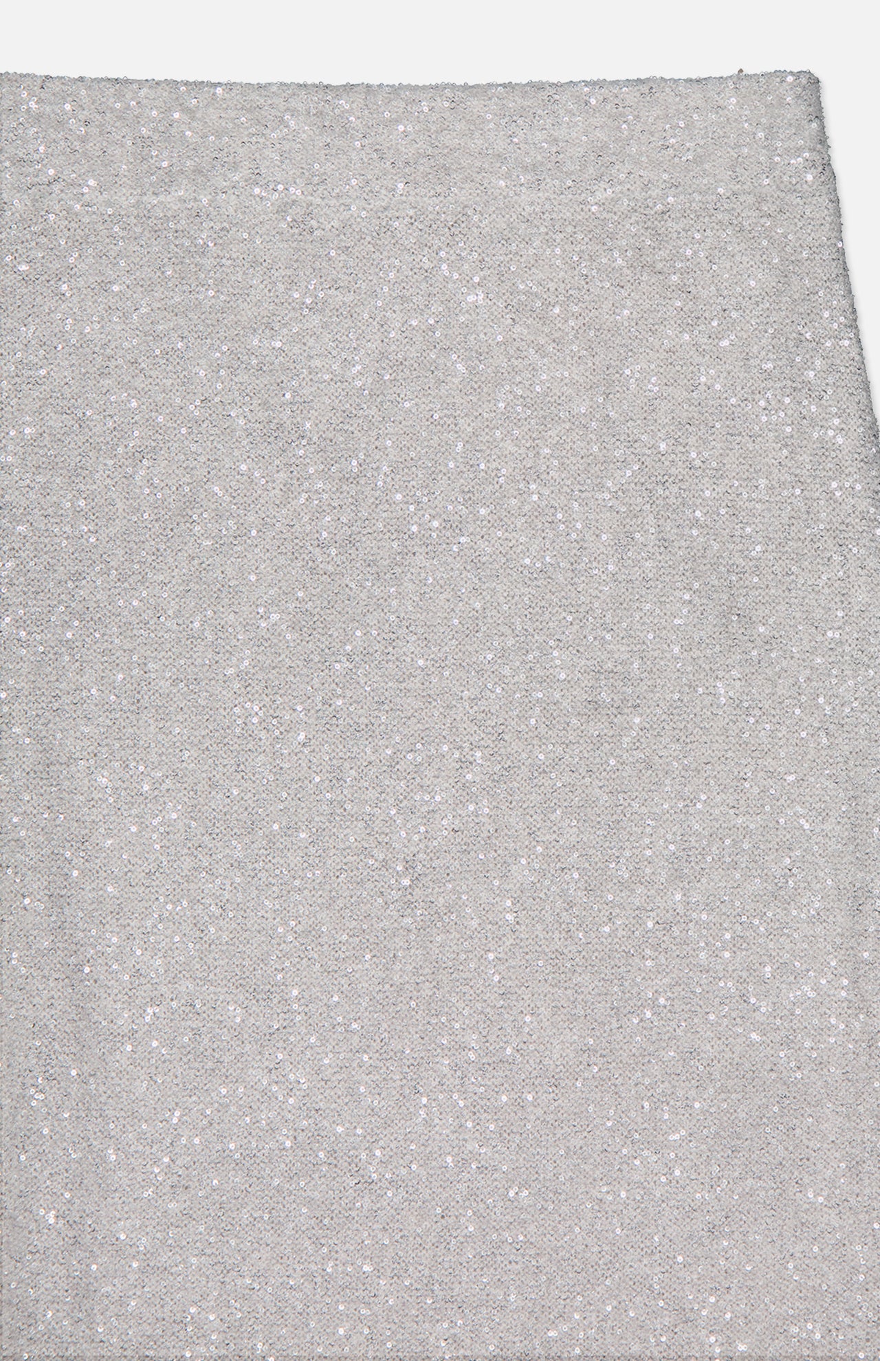 Close-up of BRUNELLO CUCINELLI's Linen Mohair Diamante Knit Pencil Skirt shows light grey, glittery, textured fabric with sparkling details—soft and slightly fuzzy—crafted in Italy.