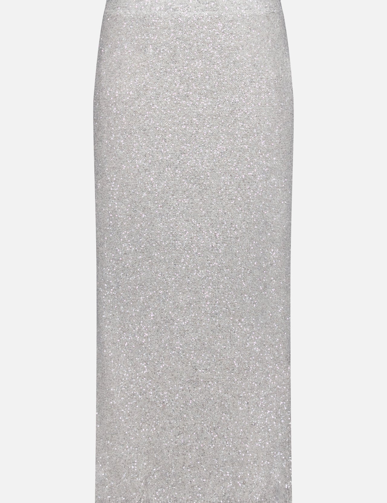The BRUNELLO CUCINELLI Linen Mohair Diamante Knit Pencil Skirt features a shimmering texture and knee-length cut, ideal for cocktail parties; shown against a plain white background.
