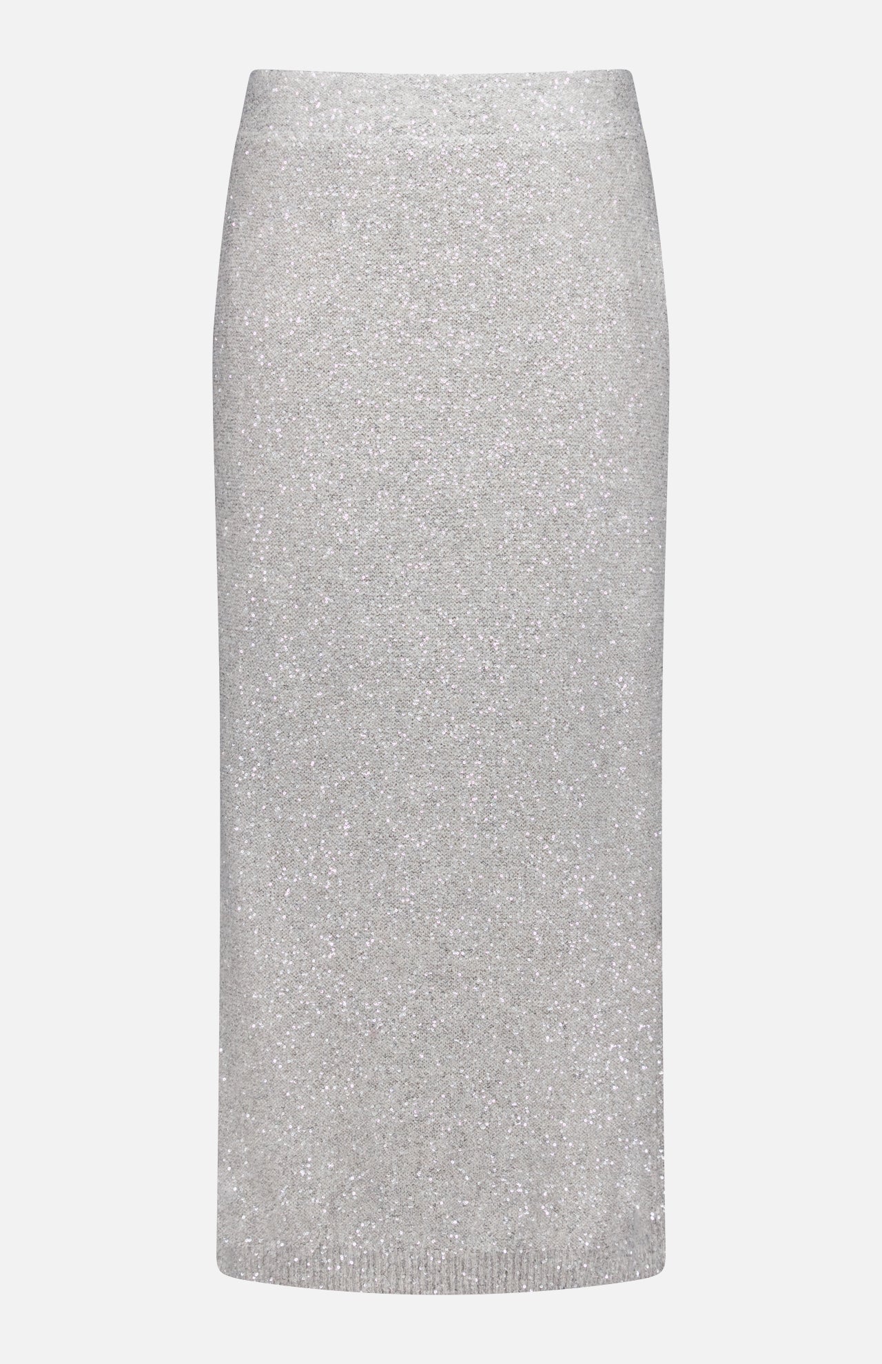 The BRUNELLO CUCINELLI Linen Mohair Diamante Knit Pencil Skirt features a shimmering texture and knee-length cut, ideal for cocktail parties; shown against a plain white background.