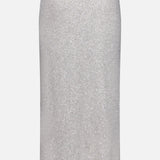 The BRUNELLO CUCINELLI Linen Mohair Diamante Knit Pencil Skirt is a silver, high-waisted, knee-length design with a subtle glittery effect—ideal for cocktail parties—shown against a plain white background.
