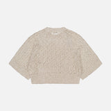 The BRUNELLO CUCINELLI Linen Silk Cable Short Sleeve Knit Sweater features a textured, lace-like pattern with ribbed hem, cuffs, and neckline. Shown on a plain white background.