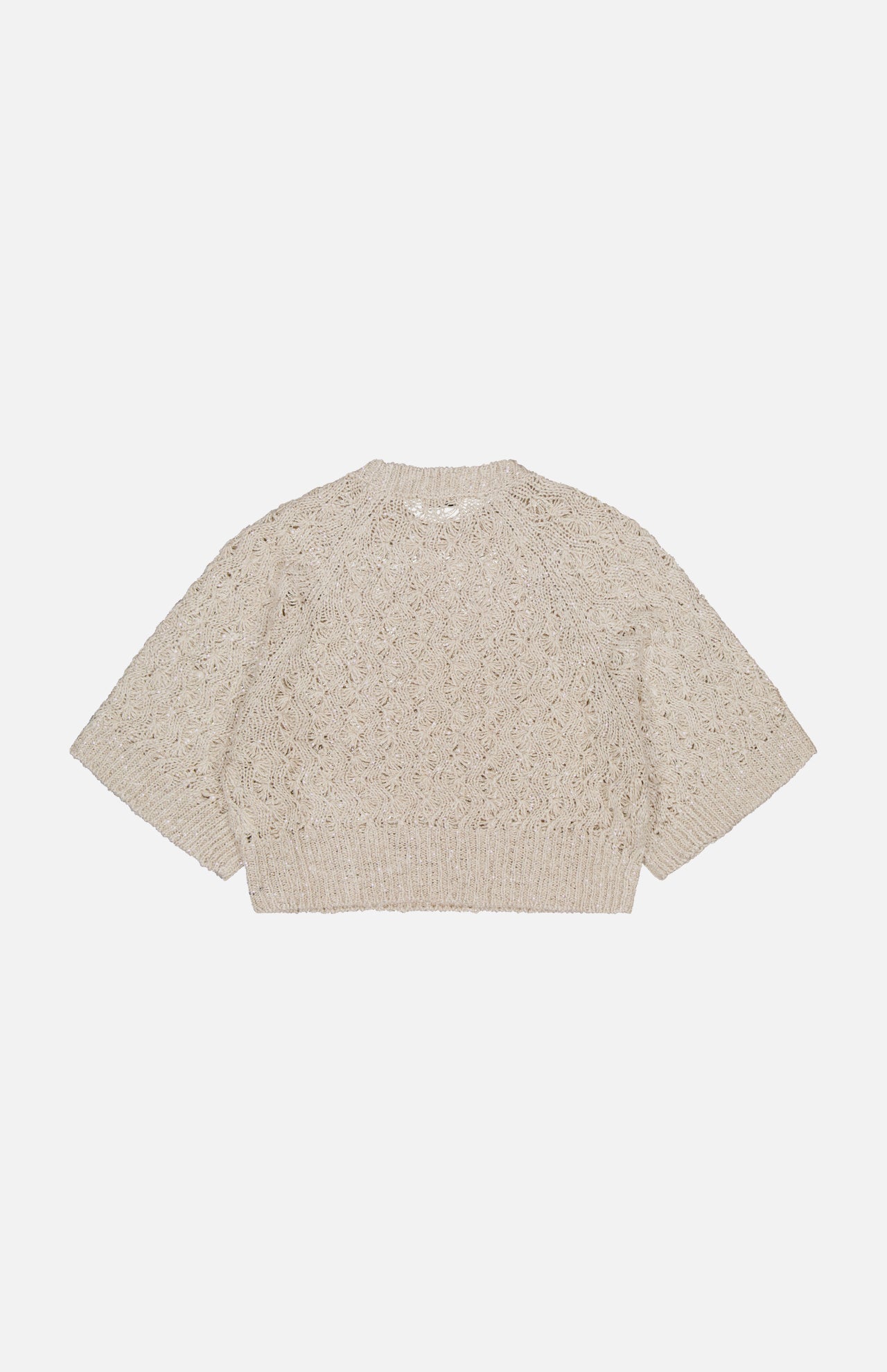 The BRUNELLO CUCINELLI Linen Silk Cable Short Sleeve Knit Sweater features a textured, lace-like pattern with ribbed hem, cuffs, and neckline. Shown on a plain white background.