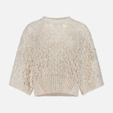 The BRUNELLO CUCINELLI Linen Silk Cable Short Sleeve Knit Sweater in beige features a textured lacy pattern with ribbed hem and cuffs, shown against a plain white background.