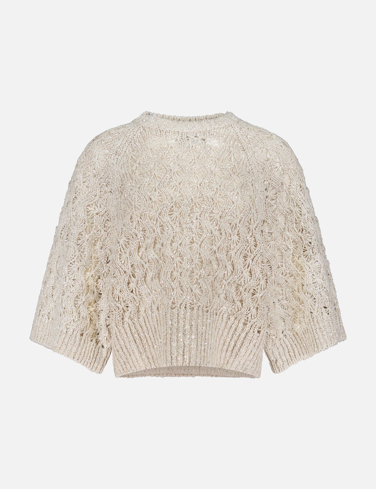 The BRUNELLO CUCINELLI Linen Silk Cable Short Sleeve Knit Sweater in beige features a textured lacy pattern with ribbed hem and cuffs, shown against a plain white background.
