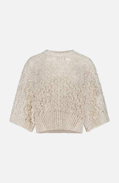 The BRUNELLO CUCINELLI Linen Silk Cable Short Sleeve Knit Sweater in beige features a textured lacy pattern with ribbed hem and cuffs, shown against a plain white background.