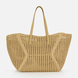 The Medium Duo Raffia Tote Bag by BRUNELLO CUCINELLI features an open-weave design with two tan handles, shown against a plain white background.