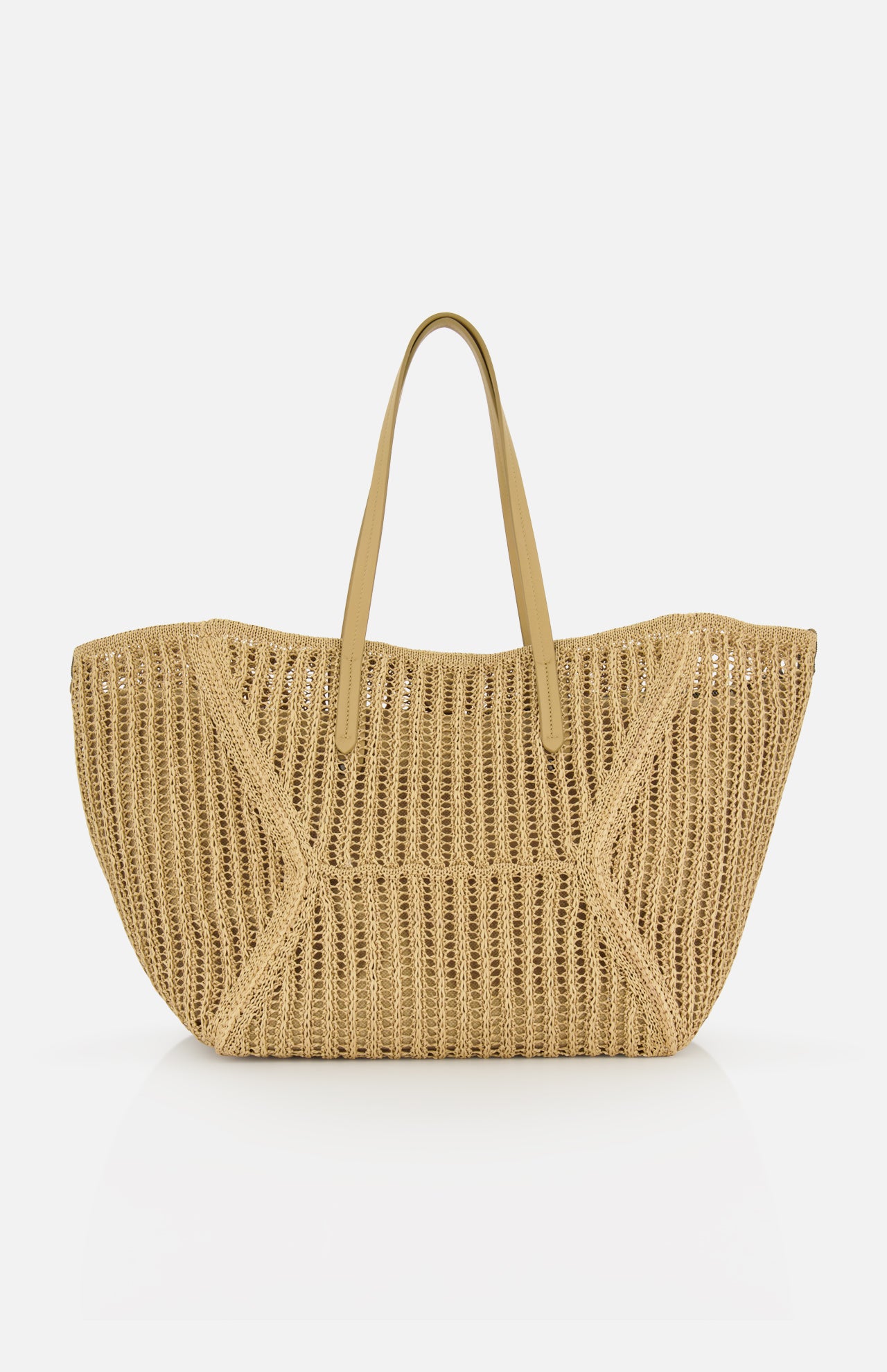 The Medium Duo Raffia Tote Bag by BRUNELLO CUCINELLI features an open-weave design with two tan handles, shown against a plain white background.