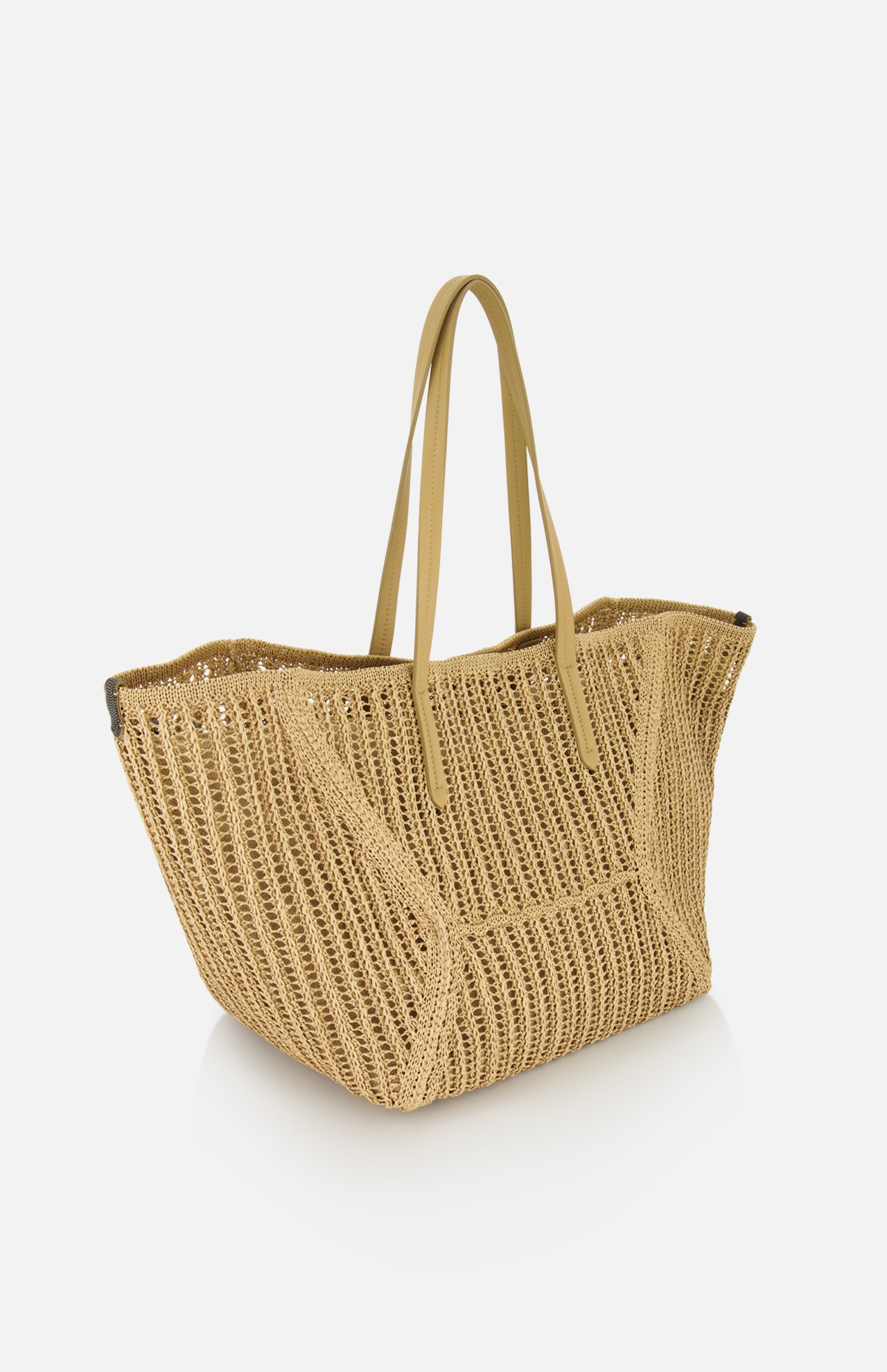 The Medium Duo Raffia Tote Bag by BRUNELLO CUCINELLI is a tan, woven raffia bag with two long, flat handles and an open-top design—ideal for carrying summer essentials in style. Displayed on a white background.