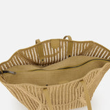 The Medium Duo Raffia Tote Bag by BRUNELLO CUCINELLI features a beige woven raffia body, tan handles, open top, inner zippered compartment, button closure, and subtle monili accents for an elegant look.