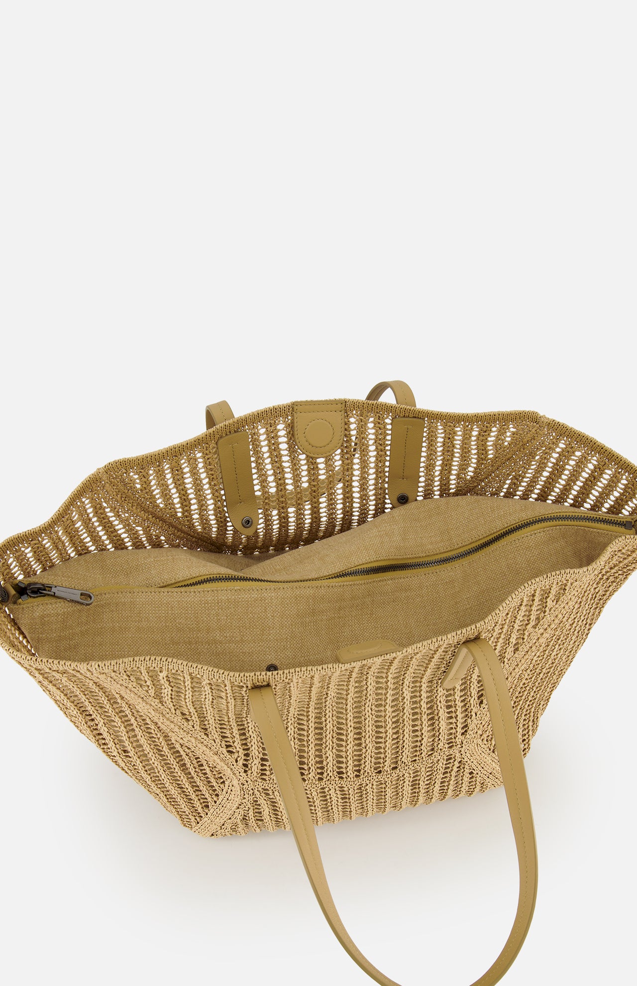 The Medium Duo Raffia Tote Bag by BRUNELLO CUCINELLI features a beige woven raffia body, tan handles, open top, inner zippered compartment, button closure, and subtle monili accents for an elegant look.