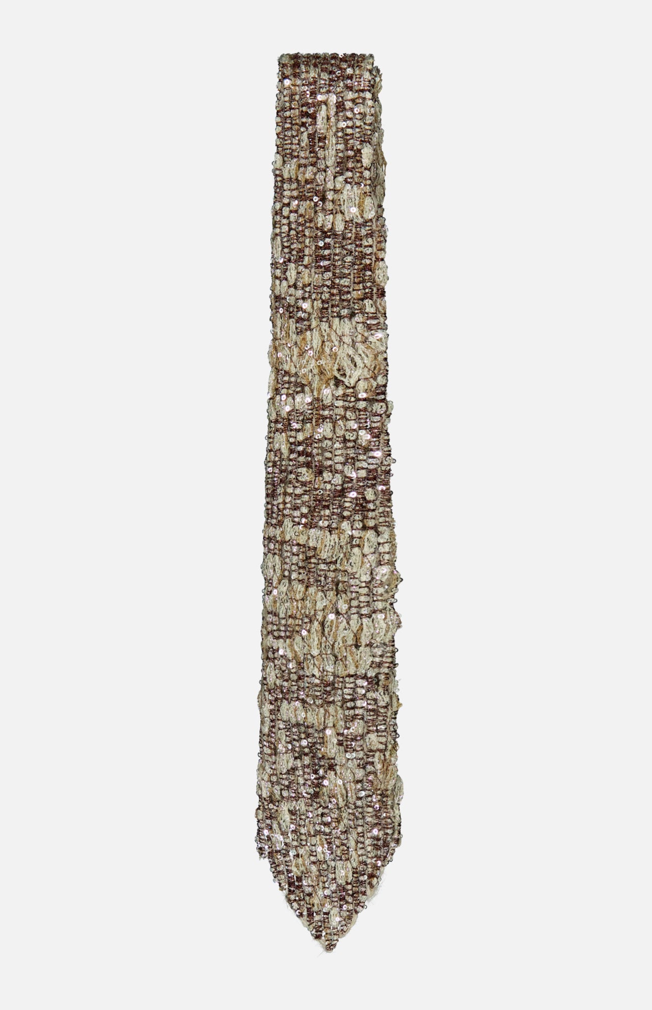 The BRUNELLO CUCINELLI Mohair Sparkling Diamante Tie, crafted from mohair wool and featuring woven brown, beige, and cream fibers with subtle sparkling accents, is displayed against a plain white background—an elegant choice to elevate any menswear ensemble.