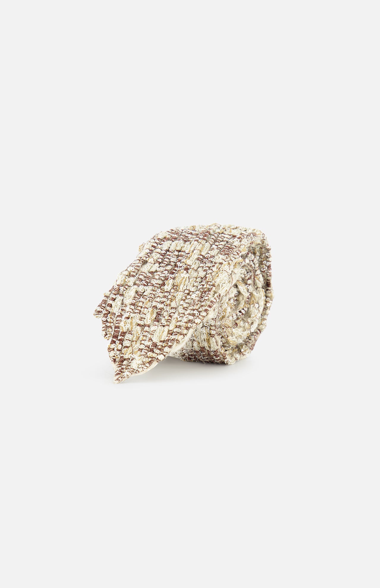 The BRUNELLO CUCINELLI Mohair Sparkling Diamante Tie, featuring luxurious mohair in beige and brown tones with textured detailing, adds an elevated touch to any menswear ensemble—and is displayed against a clean white background.