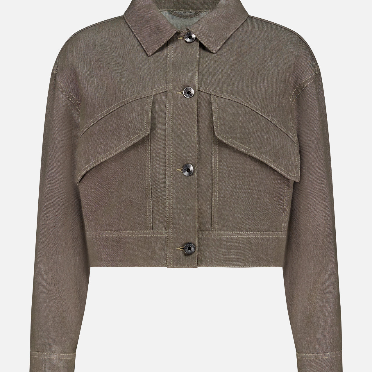 The No Fade Indigo Cropped Jacket by BRUNELLO CUCINELLI features a collar, long sleeves, front button closure, and two large flap chest pockets—an effortless cropped denim outerwear piece shown on a plain white background.