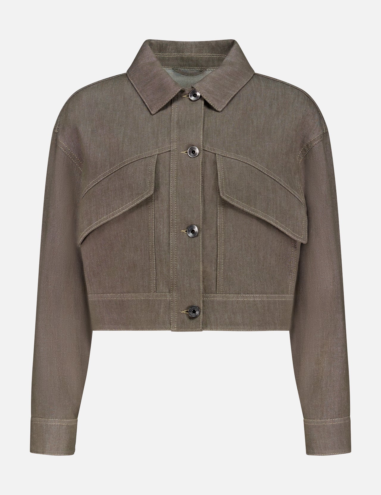 The No Fade Indigo Cropped Jacket by BRUNELLO CUCINELLI features a collar, long sleeves, front button closure, and two large flap chest pockets—an effortless cropped denim outerwear piece shown on a plain white background.