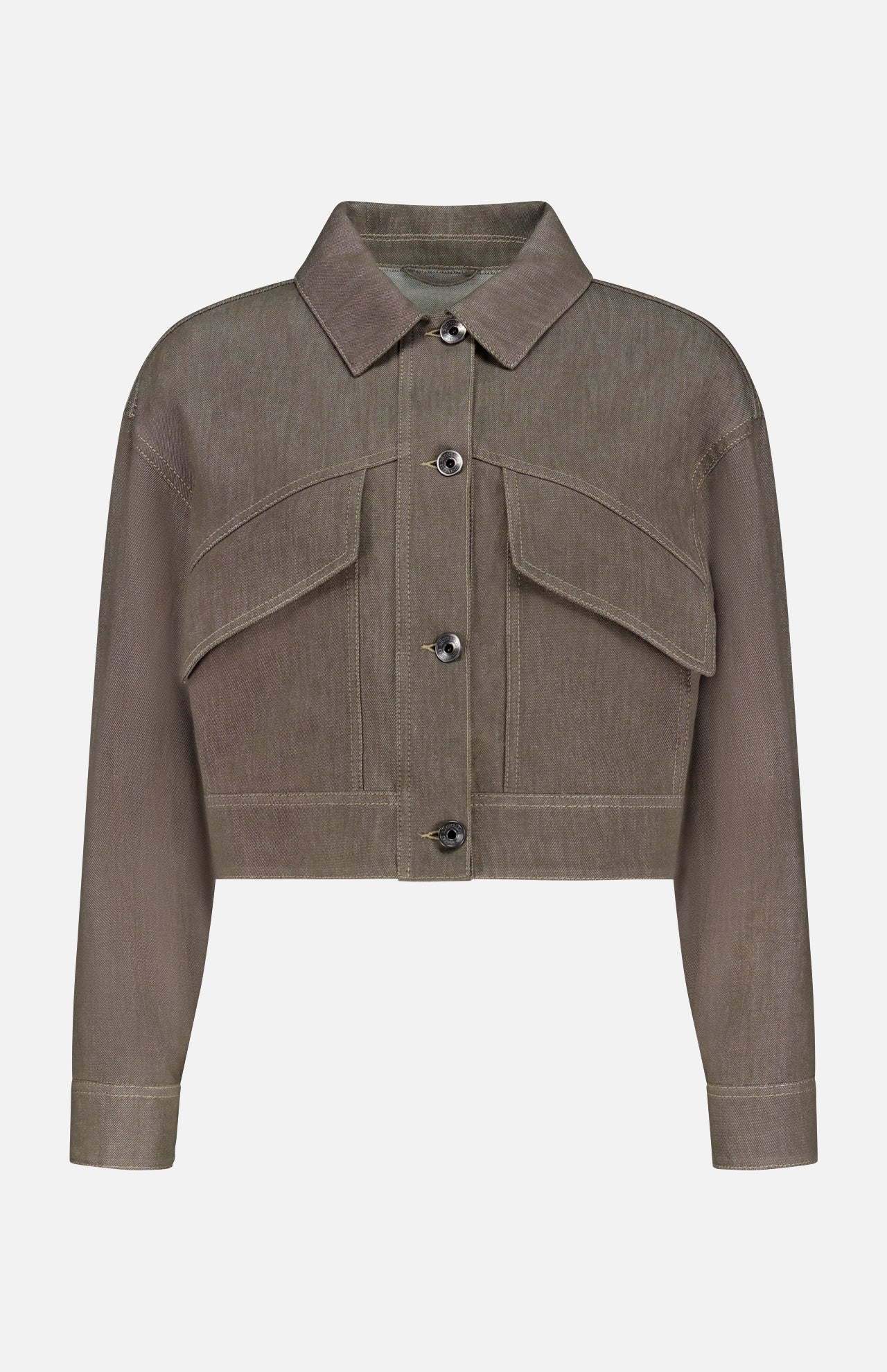 The No Fade Indigo Cropped Jacket by BRUNELLO CUCINELLI features a collar, long sleeves, front button closure, and two large flap chest pockets—an effortless cropped denim outerwear piece shown on a plain white background.