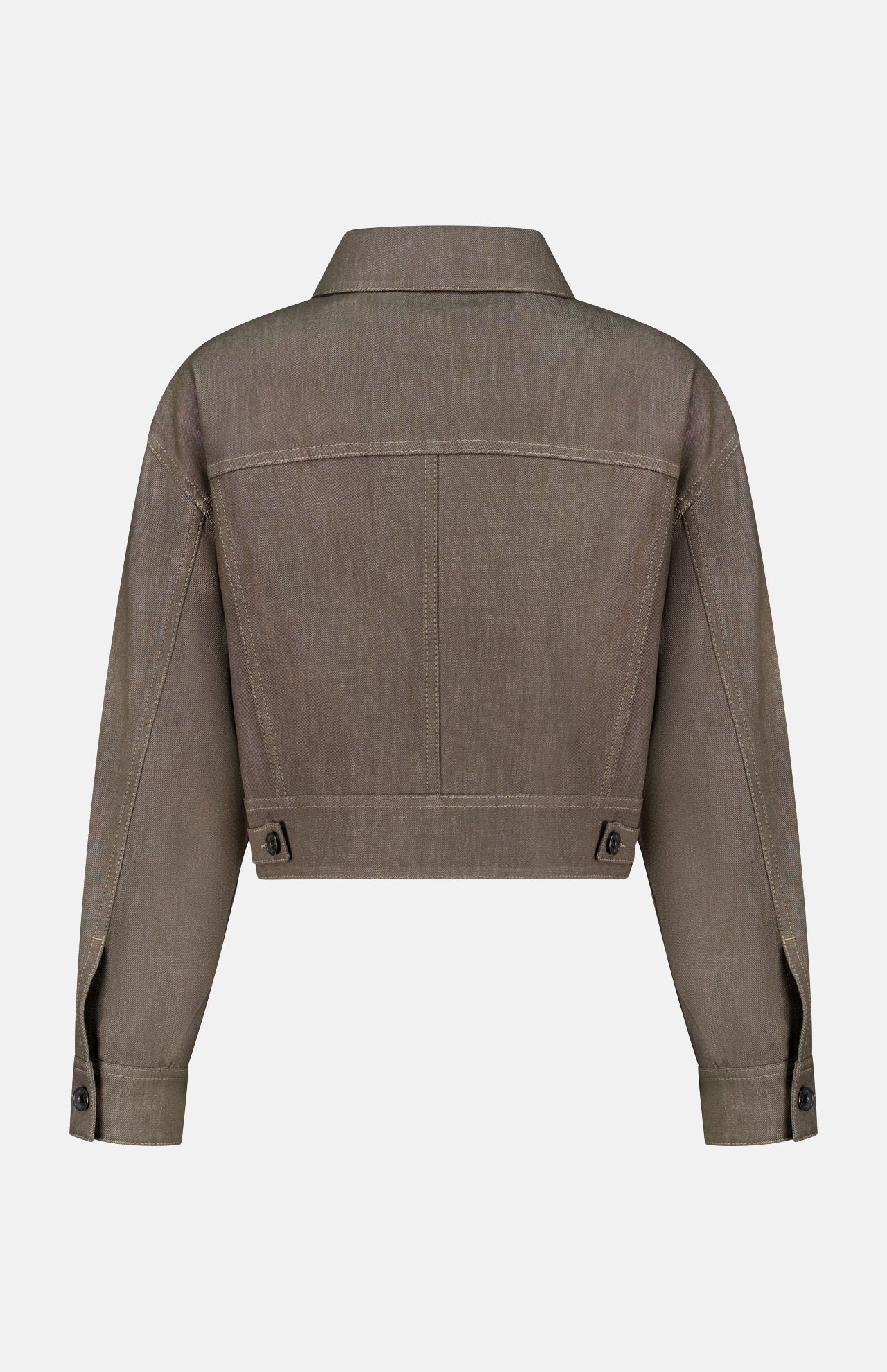 Back view of the No Fade Indigo Cropped Jacket by BRUNELLO CUCINELLI in cotton denim, featuring buttoned cuffs, side adjuster tabs at the waist, and a straight collar on a plain white background.