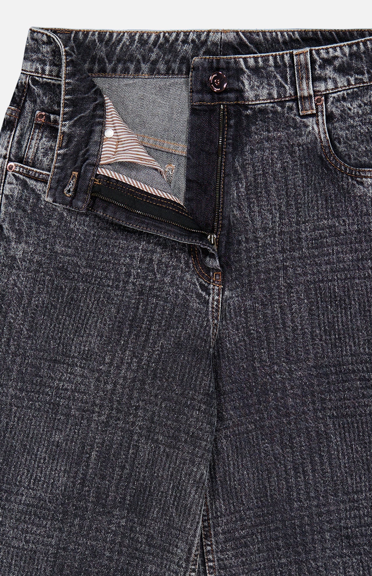 A pair of BRUNELLO CUCINELLI Prince Of Whales Embossed Wide Barrel Jeans with the fly slightly open, showcasing the striped inner pocket lining and zipper—designed with a refined wide barrel fit for a relaxed yet modern silhouette.