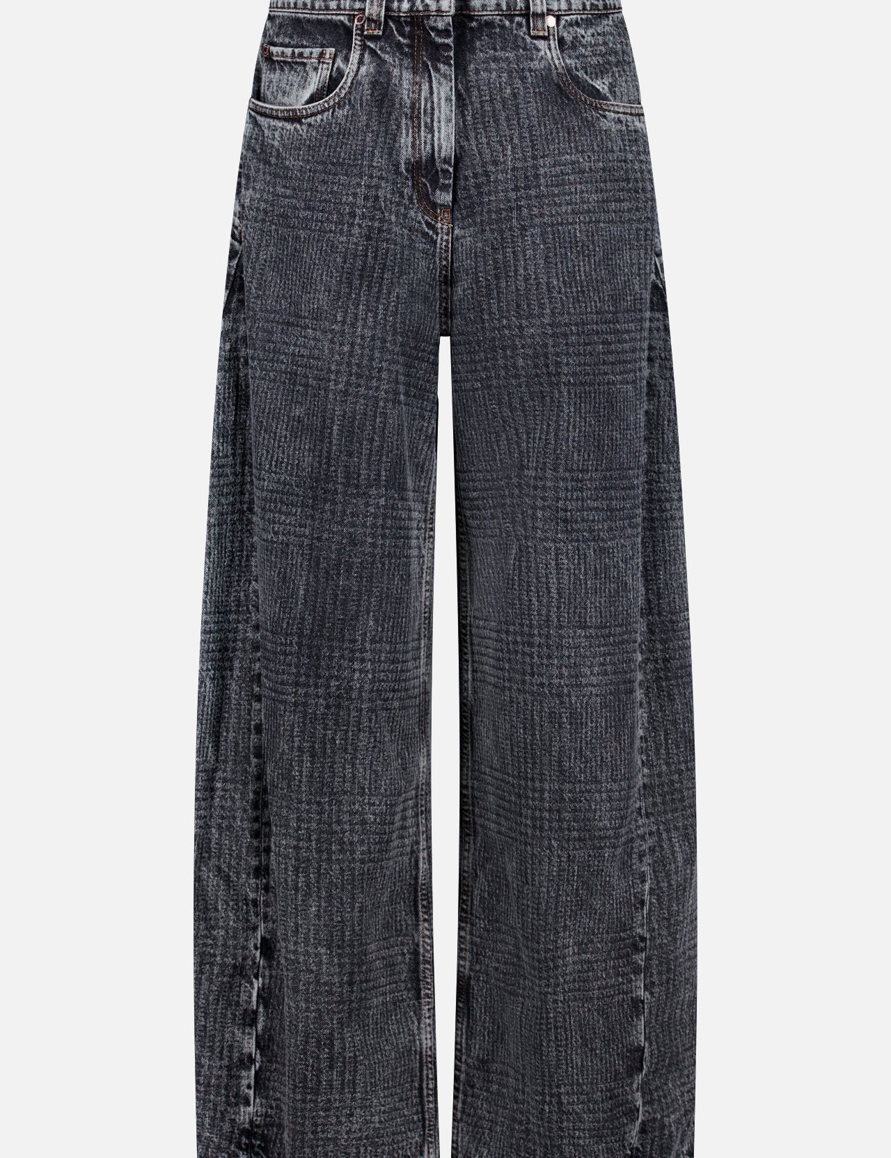 The BRUNELLO CUCINELLI Prince Of Whales Embossed Wide Barrel Jean features a high-waisted, wide-leg silhouette in black with a faded, embossed pattern inspired by the Prince of Wales design. These jeans are detailed with front pockets, belt loops, and a button-and-zipper closure and are displayed against a white background.