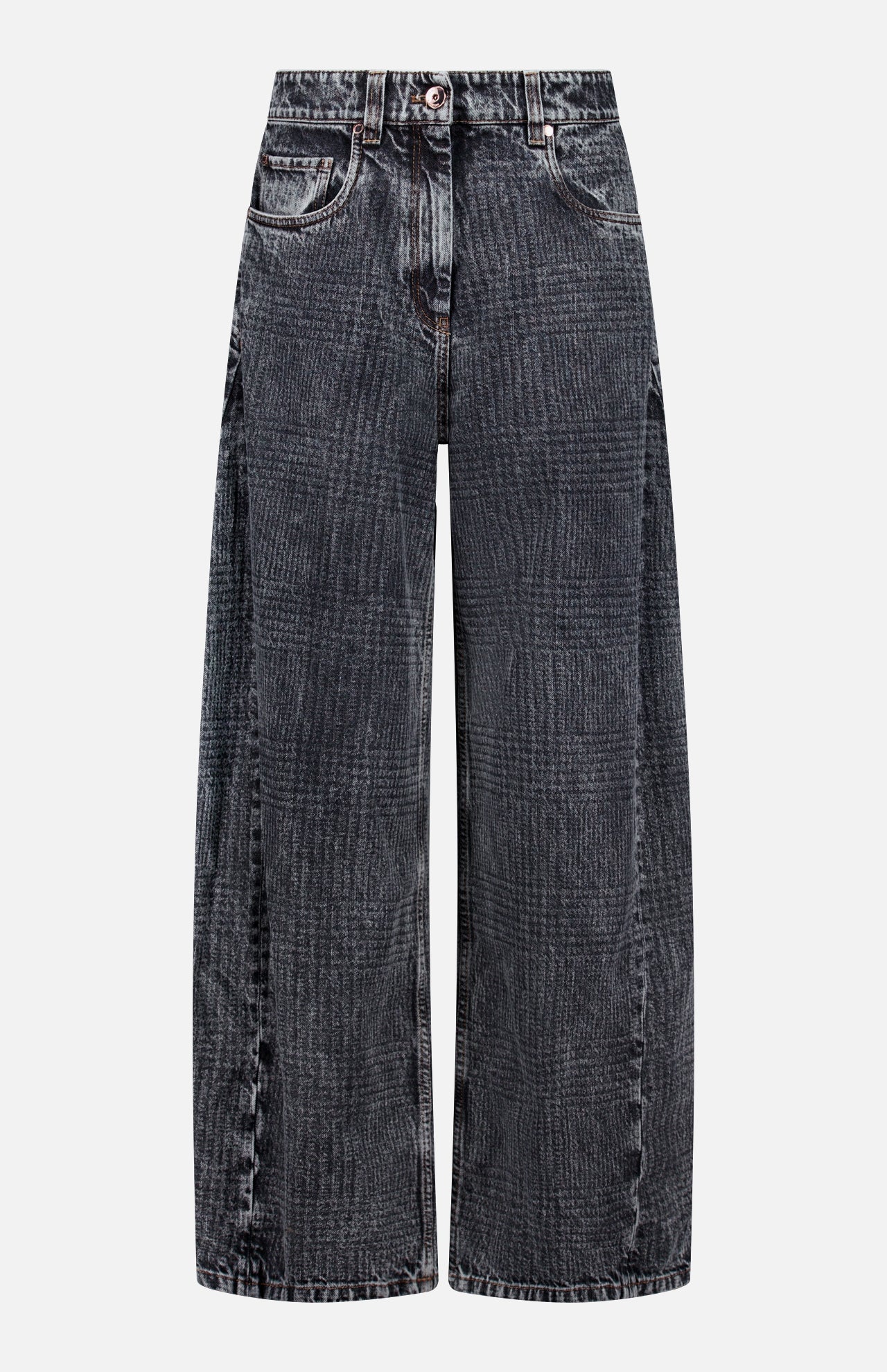 The BRUNELLO CUCINELLI Prince Of Whales Embossed Wide Barrel Jean features a high-waisted, wide-leg silhouette in black with a faded, embossed pattern inspired by the Prince of Wales design. These jeans are detailed with front pockets, belt loops, and a button-and-zipper closure and are displayed against a white background.