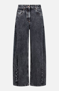 The BRUNELLO CUCINELLI Prince Of Whales Embossed Wide Barrel Jean features a high-waisted, wide-leg silhouette in black with a faded, embossed pattern inspired by the Prince of Wales design. These jeans are detailed with front pockets, belt loops, and a button-and-zipper closure and are displayed against a white background.