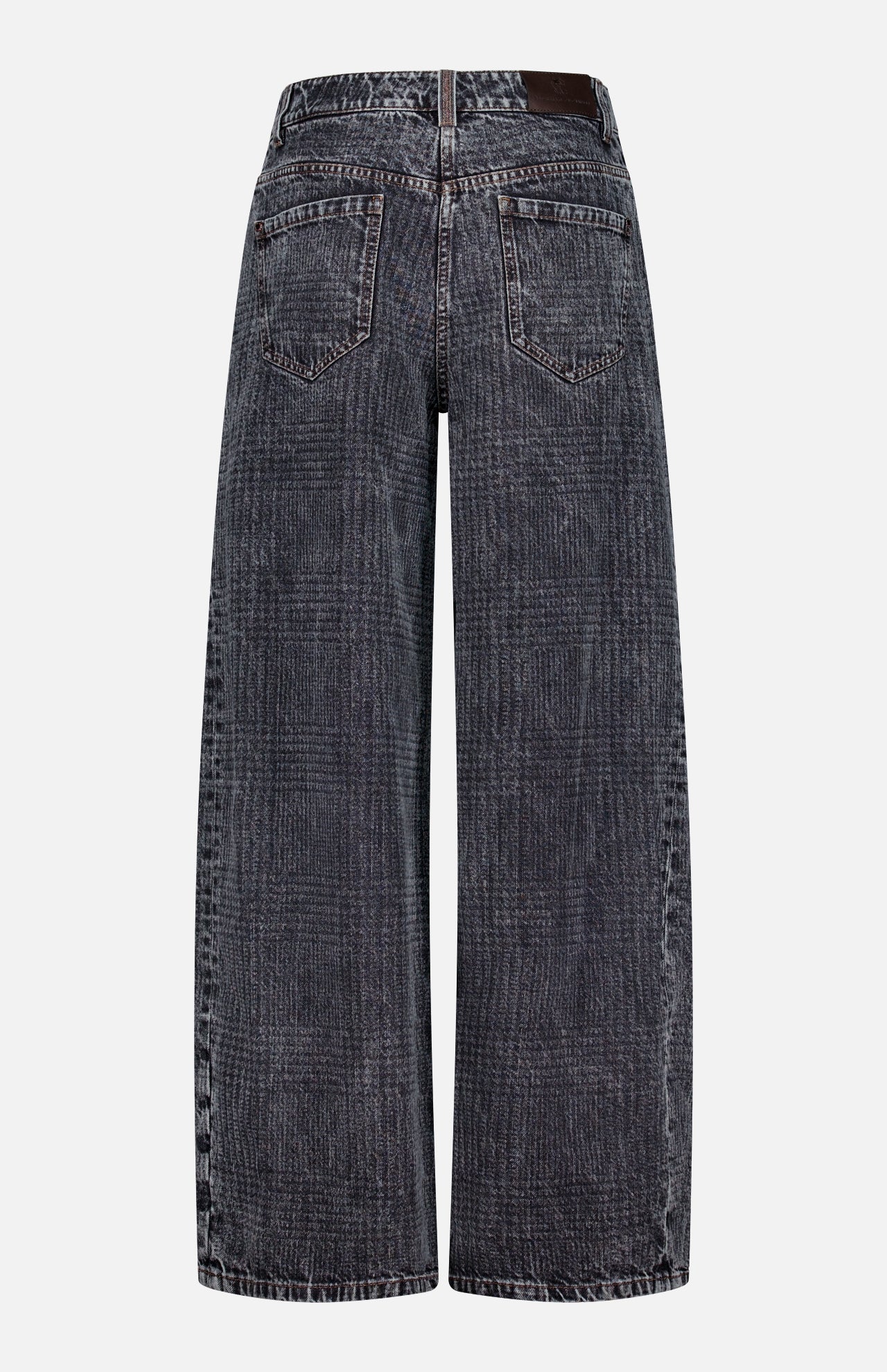 Back view of the BRUNELLO CUCINELLI Prince Of Whales Embossed Wide Barrel Jean, featuring a wide-leg, high-waisted silhouette in grey with a faded texture, two back pockets, visible stitching, and a brown leather patch on the waistband.