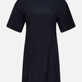 A short-sleeved Sequin Pinstripe Wool Dress by BRUNELLO CUCINELLI, featuring subtle vertical pinstripes in black and a distinctive round gray monili collar, displayed on a plain white background. This piece exemplifies tailored womenswear with its refined details and sophisticated silhouette.