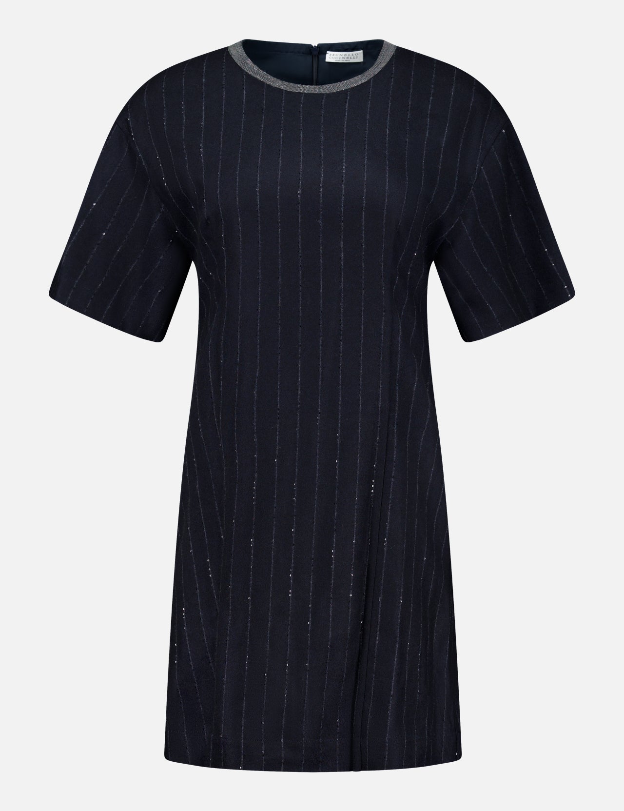 A short-sleeved Sequin Pinstripe Wool Dress by BRUNELLO CUCINELLI, featuring subtle vertical pinstripes in black and a distinctive round gray monili collar, displayed on a plain white background. This piece exemplifies tailored womenswear with its refined details and sophisticated silhouette.