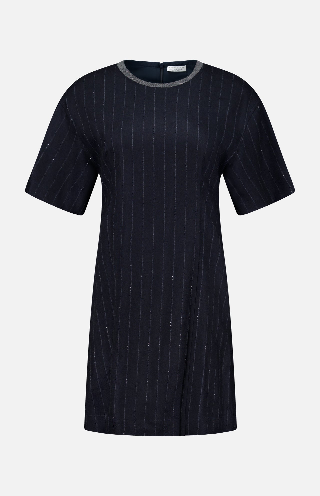 A short-sleeved Sequin Pinstripe Wool Dress by BRUNELLO CUCINELLI, featuring subtle vertical pinstripes in black and a distinctive round gray monili collar, displayed on a plain white background. This piece exemplifies tailored womenswear with its refined details and sophisticated silhouette.
