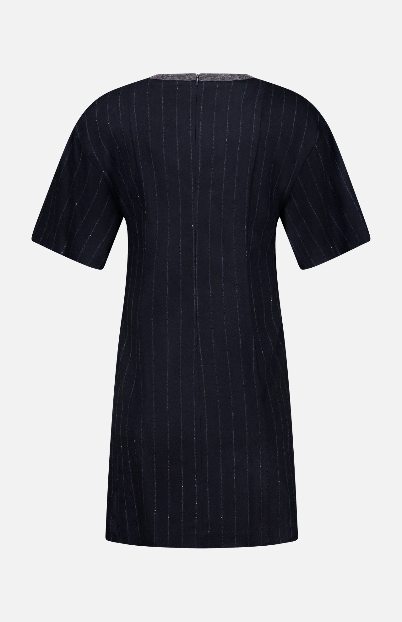 Back view of the BRUNELLO CUCINELLI Sequin Pinstripe Wool Dress with Monili Collar, a short-sleeved, knee-length black dress featuring subtle thin vertical pinstripes and a simple, straight silhouette inspired by tailored womenswear.