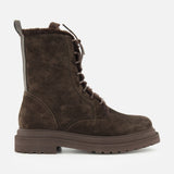 BRUNELLO CUCINELLI Shearling Lined Lace Boot with Monili Tabs in dark chocolate brown suede, featuring a chunky sole, side zipper, pull tab at the back, and displayed on a white background.