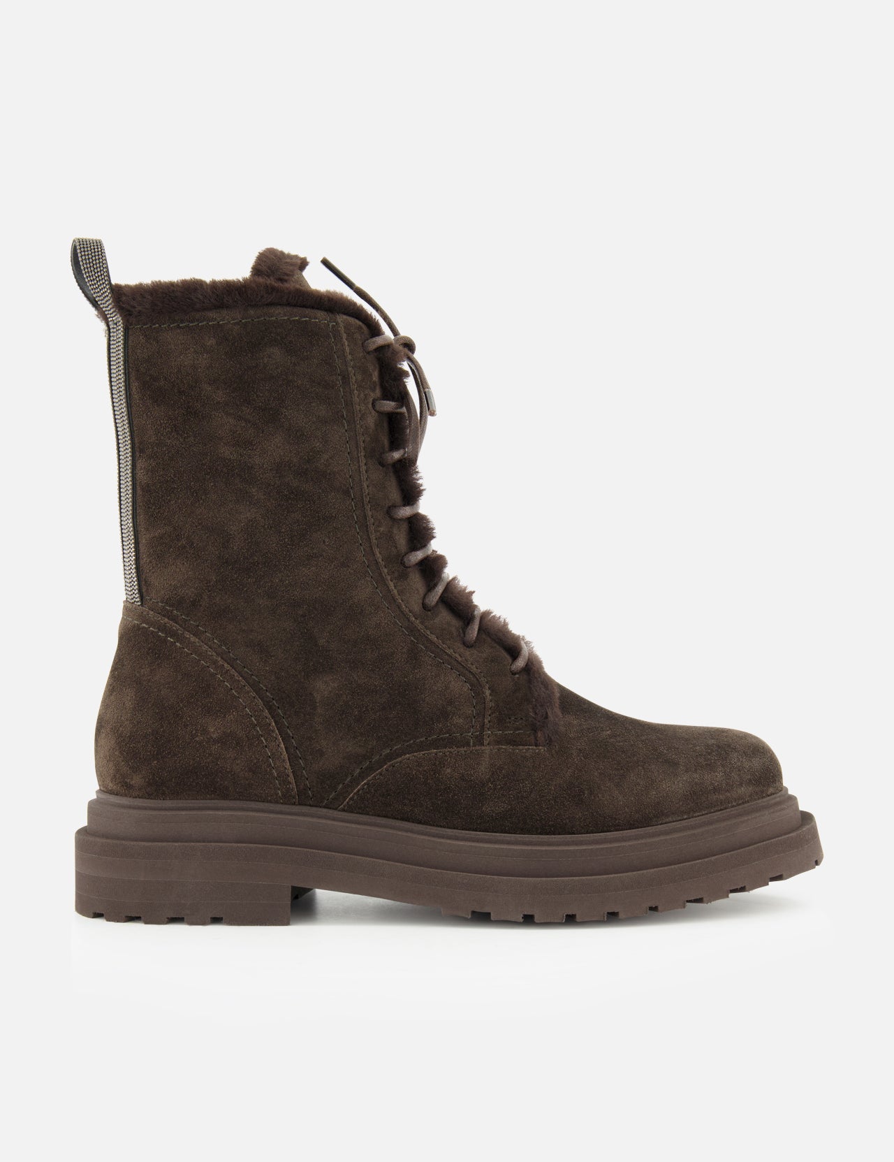 BRUNELLO CUCINELLI Shearling Lined Lace Boot with Monili Tabs in dark chocolate brown suede, featuring a chunky sole, side zipper, pull tab at the back, and displayed on a white background.