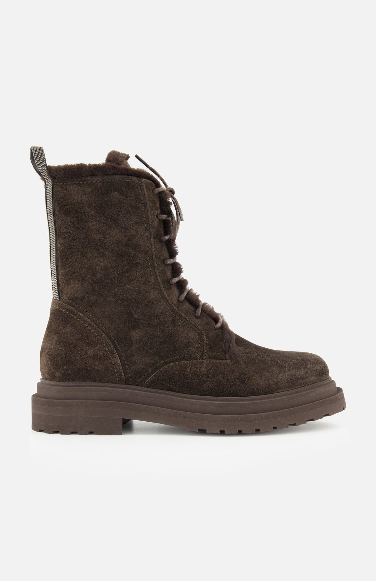 BRUNELLO CUCINELLI Shearling Lined Lace Boot with Monili Tabs in dark chocolate brown suede, featuring a chunky sole, side zipper, pull tab at the back, and displayed on a white background.